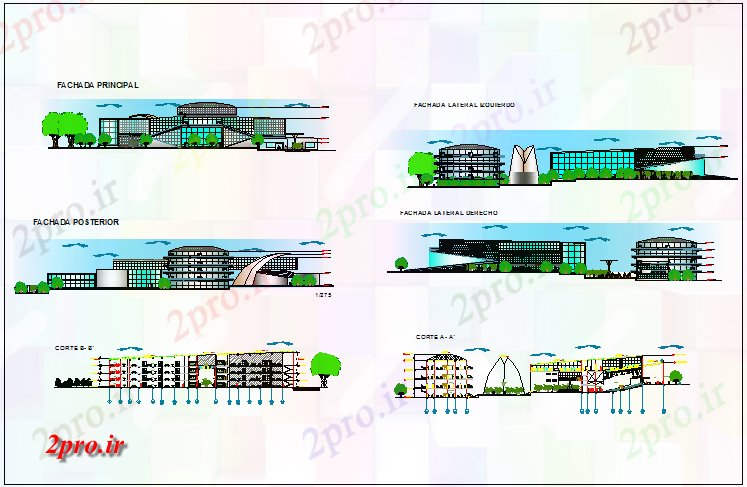 دانلود نقشه ساختمان دولتی ، سازمانی نما مرکز فرهنگی شهری و جزئیات مقطعی 140 در 172 متر (کد69504)
