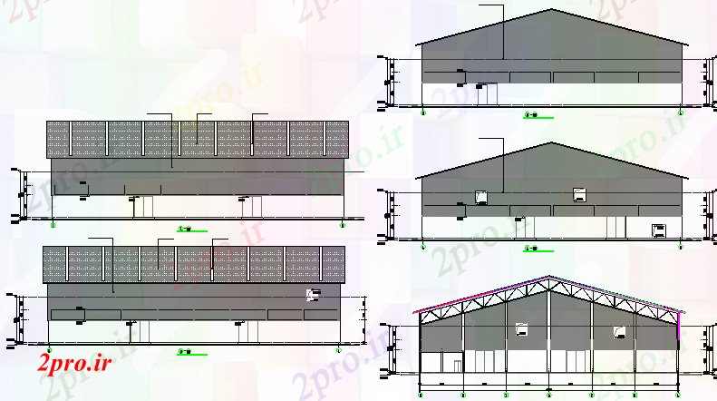 دانلود نقشه کارخانه صنعتی  ، کارگاه در حال مرگ و بسته بندی نما بوته و جزئیات مقطعی  (کد69528)