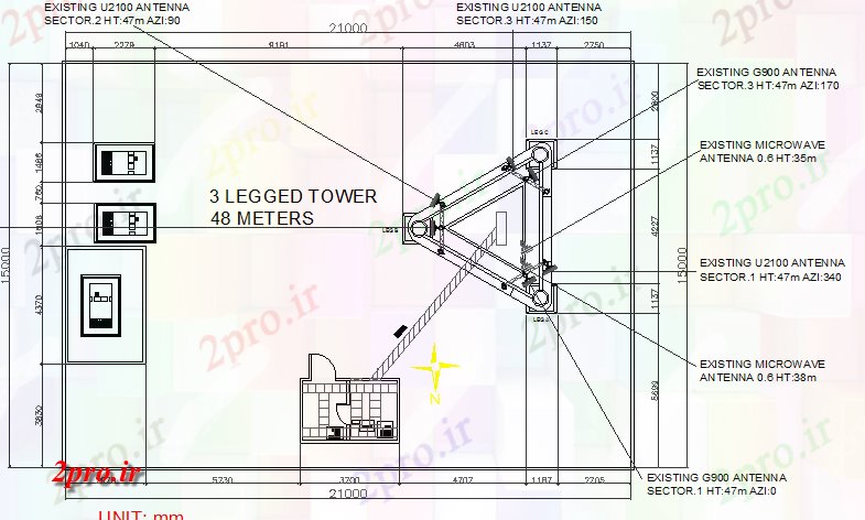 دانلود نقشه معماری سه پا 48 متر محدوده برج برق جزئیات (کد69583)