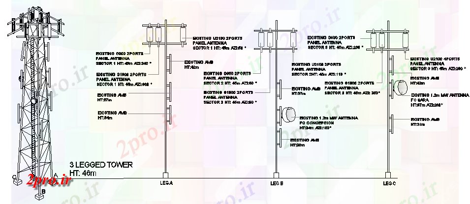 دانلود نقشه معماری پا جزئیات نصب و راه اندازی الکتریکی از سه برج پا (کد69593)