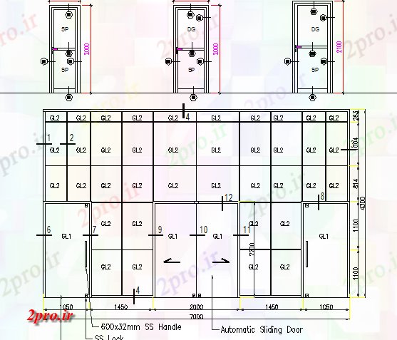 دانلود نقشه درب و پنجره فولاد میانبر درب کشویی اتوماتیک جزئیات (کد69651)