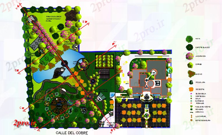 دانلود نقشه پارک - باغ عمومی باغ محوطه سازی جزئیات 246 در 287 متر (کد69725)
