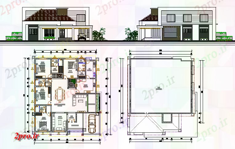 دانلود نقشه خانه های کوچک ، نگهبانی ، سازمانی - دو کفپوش نما خانههای ویلایی و ساختار جزئیات 14 در 16 متر (کد69813)