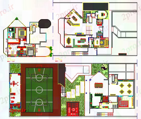 دانلود نقشه ورزشگاه ، سالن ورزش ، باشگاه ورزشی مرکز محوطه سازی و ساختار جزئیات 40 در 96 متر (کد69841)
