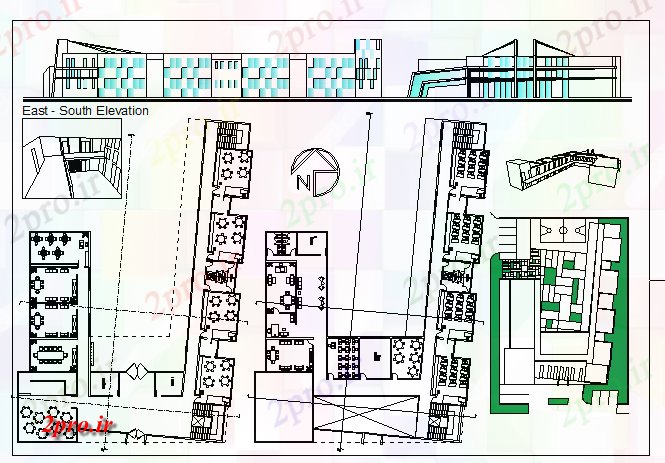 دانلود نقشه دانشگاه ، آموزشکده ، مدرسه ، هنرستان ، خوابگاه - نما مقطع ابتدایی، طرحی طبقه و محوطه سازی جزئیات 35 در 55 متر (کد69883)