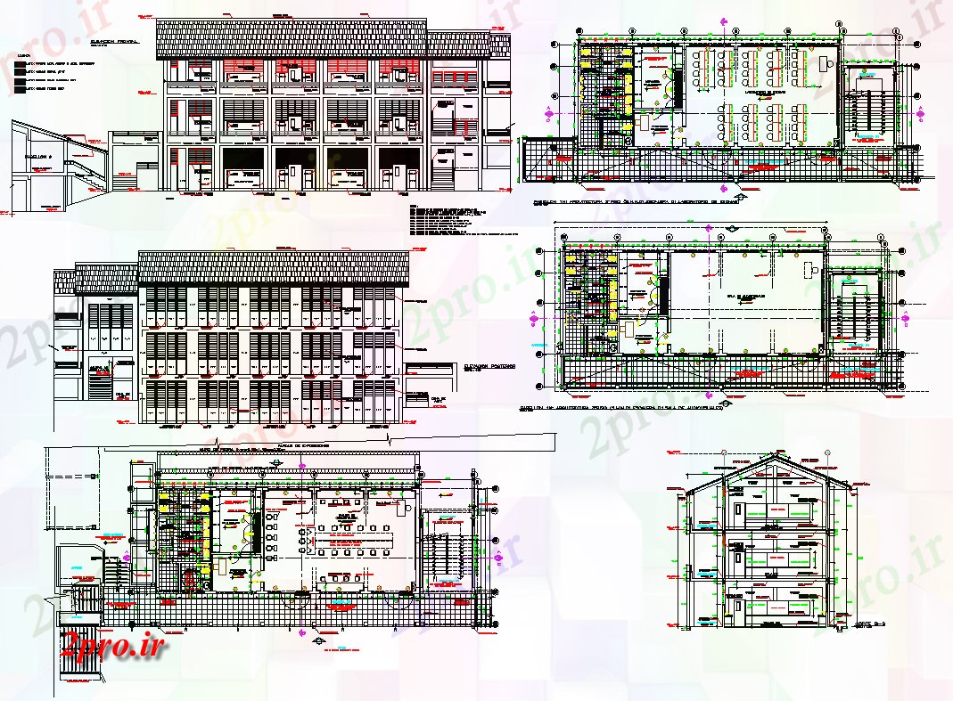 دانلود نقشه دانشگاه ، آموزشکده ، مدرسه ، هنرستان ، خوابگاه - چند طبقه کامل مدرسه نما، بخش و طراحی جزئیات 8 در 20 متر (کد69886)