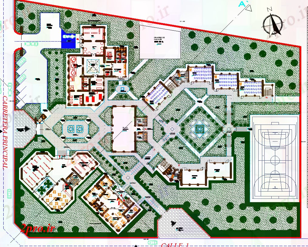 دانلود نقشه دانشگاه ، آموزشکده ، موسسه - فناوری محوطه سازی موسسه، نما و جزئیات ساختاری 79 در 117 متر (کد69929)