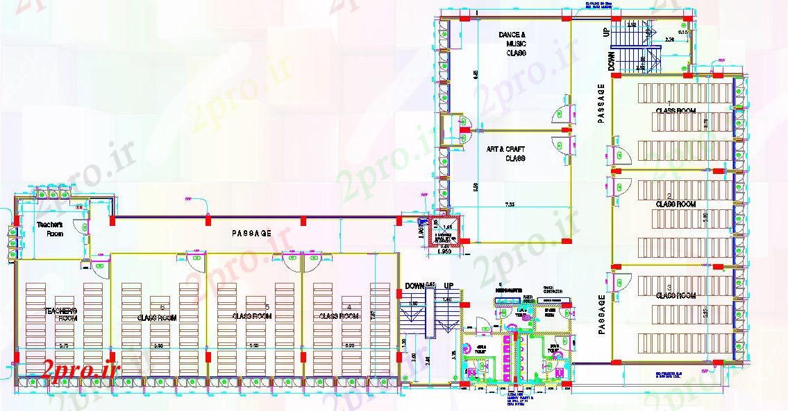 دانلود نقشه دانشگاه ، آموزشکده ، مدرسه ، هنرستان ، خوابگاه - کلاس درس طرحی معماری یک مدرسه 22 در 45 متر (کد69965)