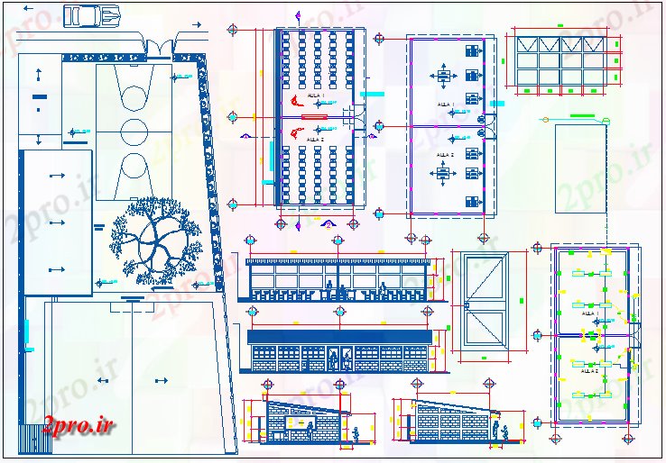 دانلود نقشه دانشگاه ، آموزشکده ، مدرسه ، هنرستان ، خوابگاه - کلاس درس مدرسه ابتدایی معماری طرح، نما و بخش 6 در 15 متر (کد70006)