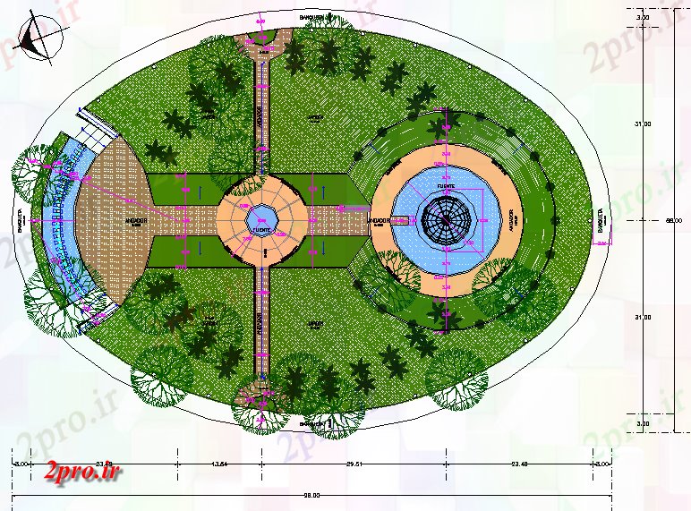 دانلود نقشه پارک - باغ عمومی چشم انداز طراحی برنامه های 62 در 90 متر (کد70064)
