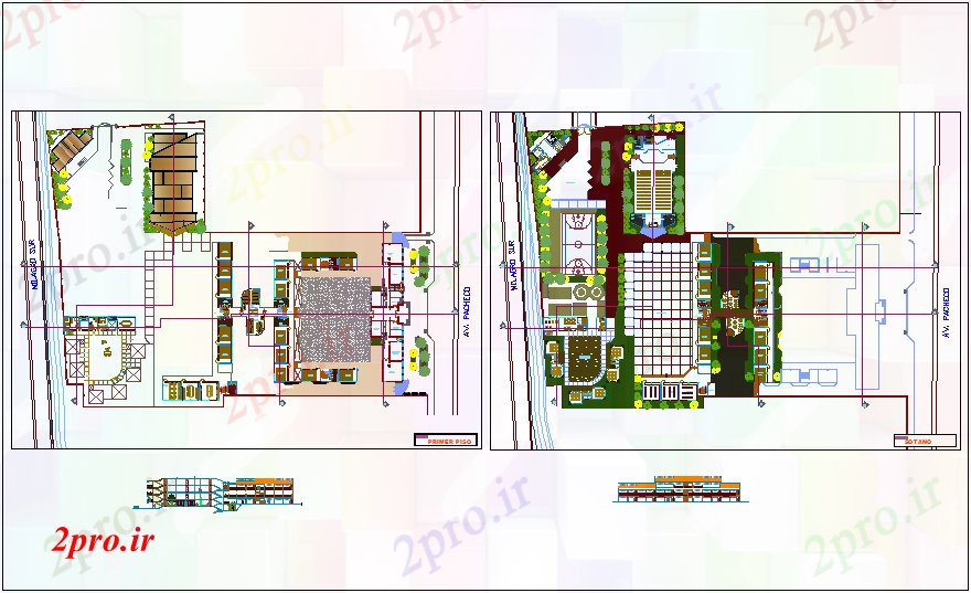 دانلود نقشه دانشگاه ، آموزشکده ، موسسه - زیرزمین و برای اولین بار طرحی طبقه از مرکز آموزش با نما 100 در 119 متر (کد70213)