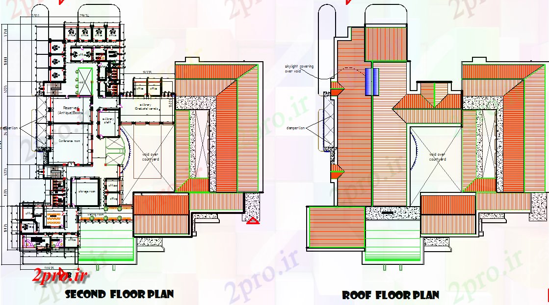 دانلود نقشه ساختمان اداری - تجاری - صنعتی طبقه دوم و طرحی طبقه سقف جزئیات 85 در 87 متر (کد70308)