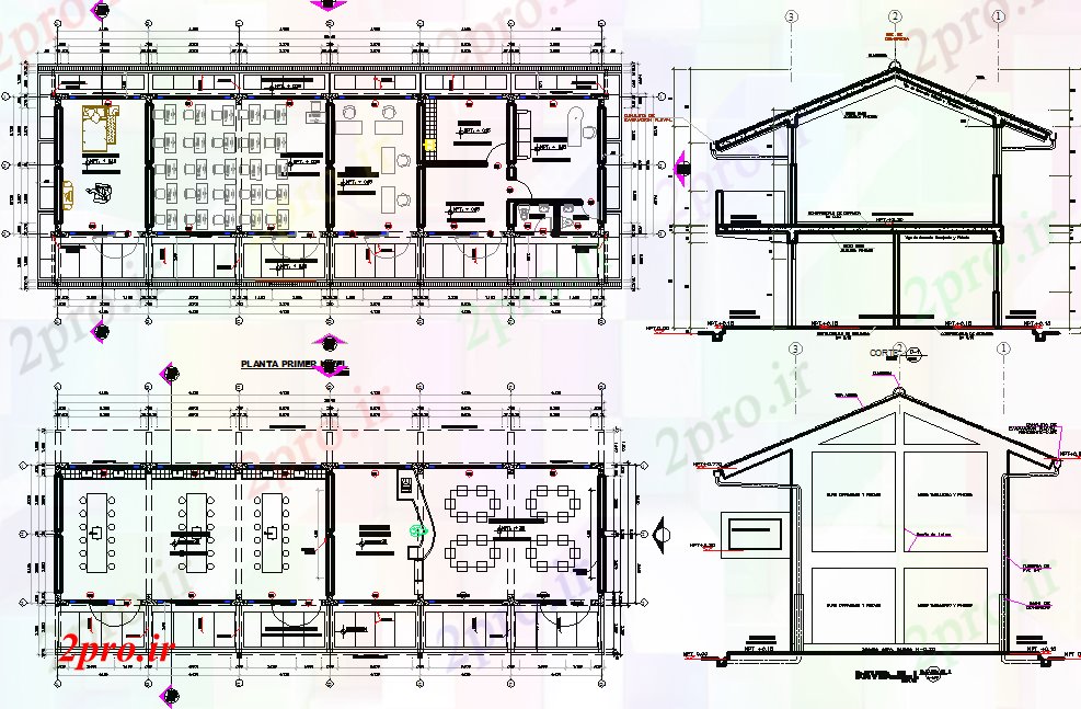 دانلود نقشه دانشگاه ، آموزشکده ، موسسه - طرحی ساختمان تجاری و نمای طرحی جزئیات 31 در 49 متر (کد70335)