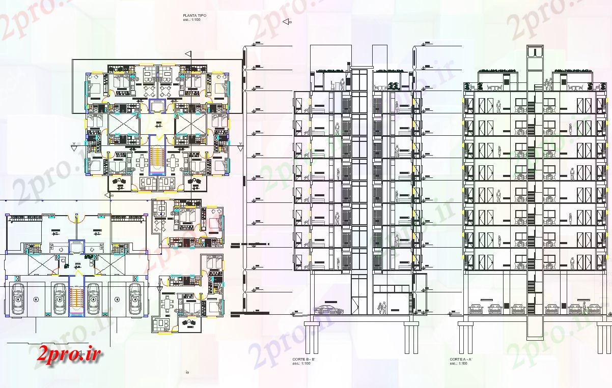 دانلود نقشه ساختمان مرتفعبلند طرحی ساختمان و بخش جزئیات 18 در 20 متر (کد70404)