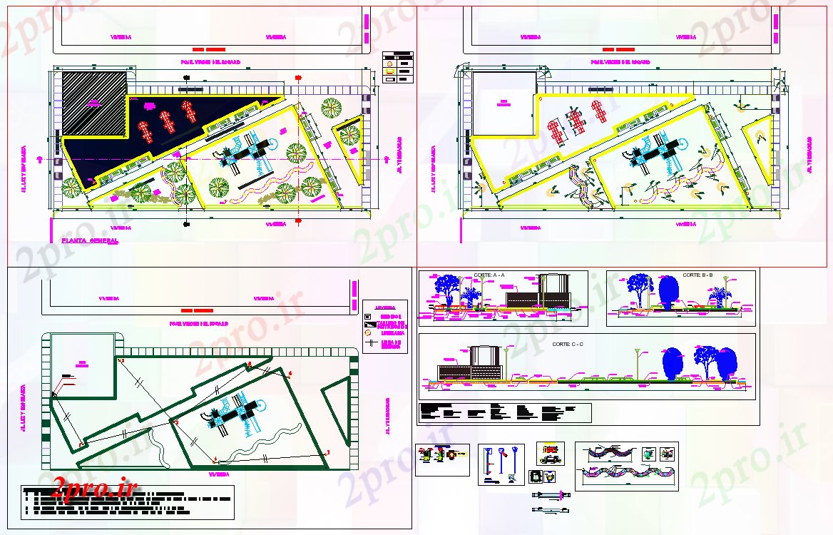دانلود نقشه پارک - باغ عمومی زمین بازی طرحی جزئیات 16 در 41 متر (کد70533)