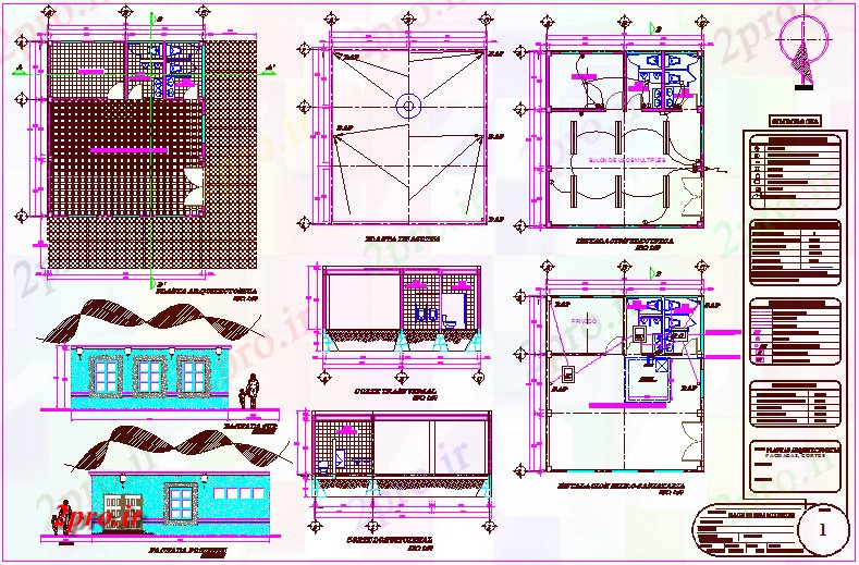 دانلود نقشه جزئیات معماری طرحی اتاق فاده از چند، نما با نمای برق و فاضلاب (کد70742)