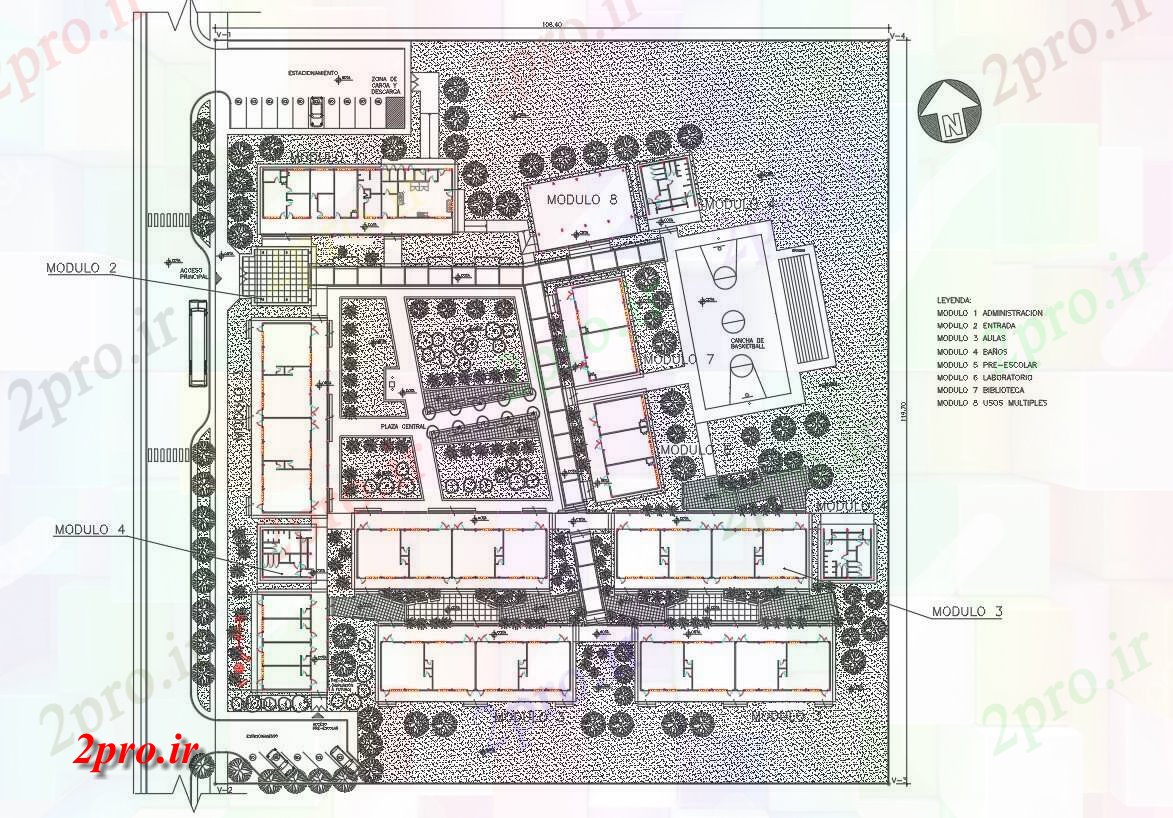 دانلود نقشه دانشگاه ، آموزشکده ، مدرسه ، هنرستان ، خوابگاه - محوطه سازی مدرسه شهری با طراحی ساختاری جزئیات 85 در 100 متر (کد70803)
