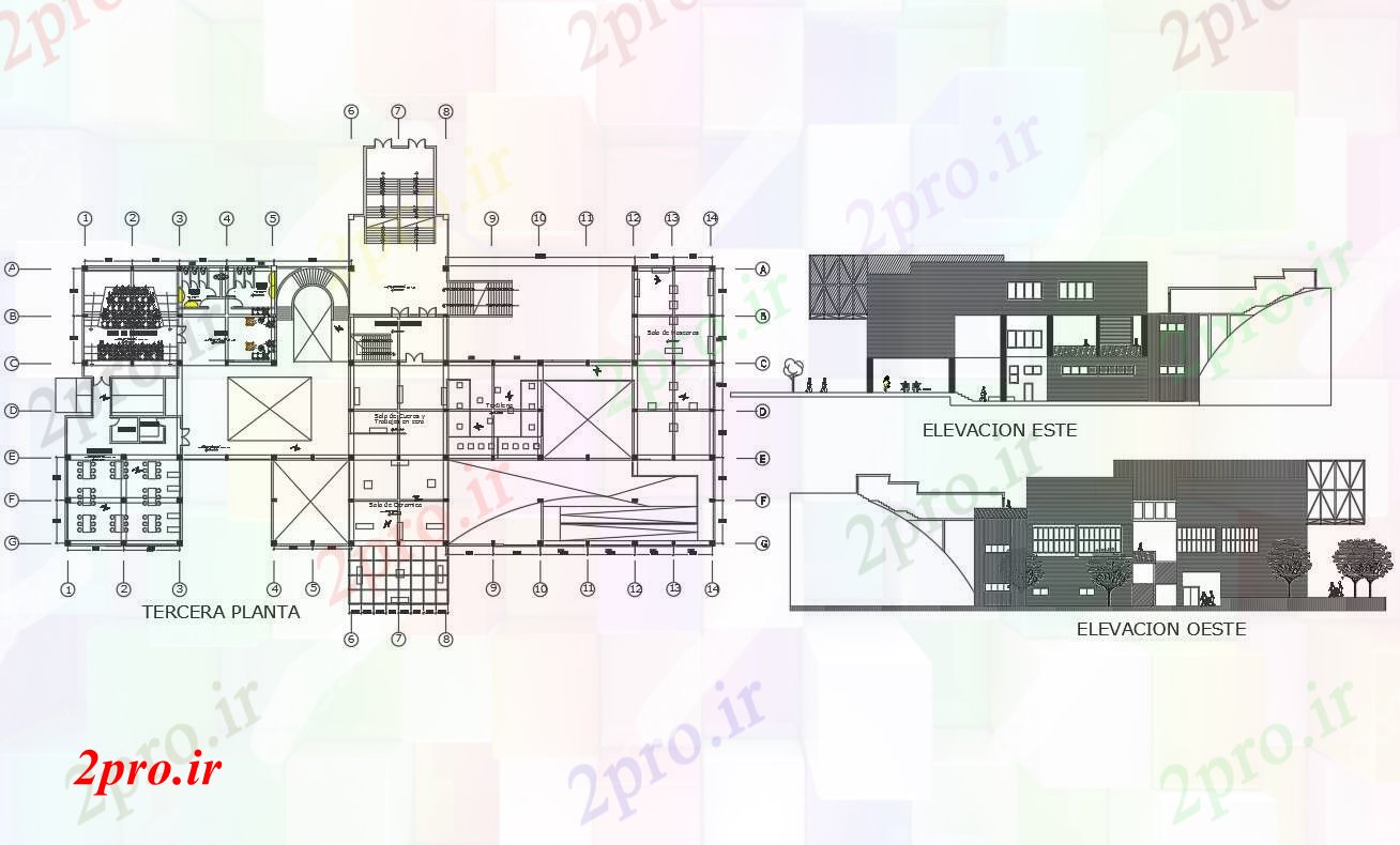 دانلود نقشه ساختمان اداری - تجاری - صنعتی نما و طرحی خط وسط جزئیات 38 در 73 متر (کد70856)