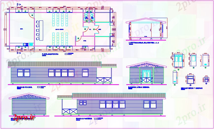 دانلود نقشه ساختمان دولتی ، سازمانی توانبخشی دولت طرحی ساختمان الکلی، نما و بخش با درب و پنجره جزئیات 6 در 15 متر (کد70865)