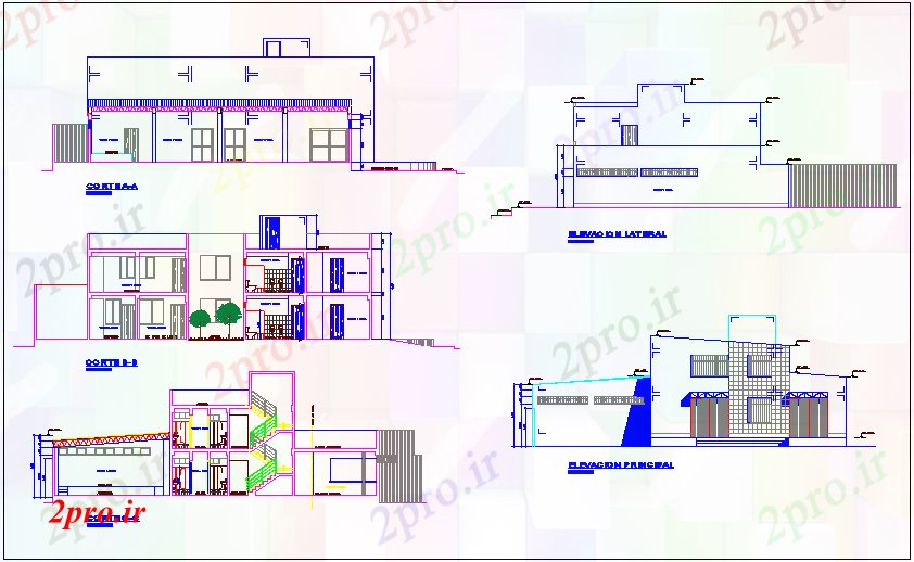 دانلود نقشه ساختمان دولتی ، سازمانی نما و بخش دیدگاه با محور مختلف دولت ساخت 17 در 20 متر (کد70870)