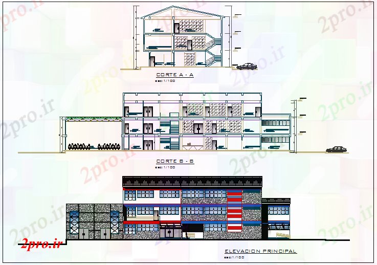 دانلود نقشه ساختمان دولتی ، سازمانی نما و بخش نظر دولت ساخت 19 در 46 متر (کد70910)