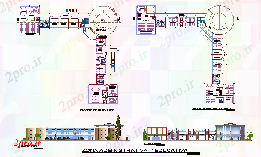 دانلود نقشه ساختمان دولتی ، سازمانی طرحی منطقه اداری و آموزشی و نما برای توسعه جوانان مرکز 25 در 25 متر (کد70983)