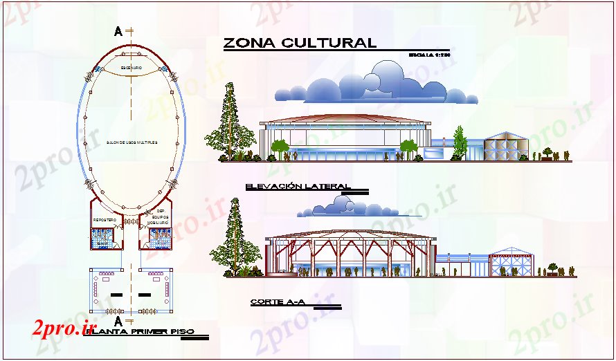 دانلود نقشه ساختمان دولتی ، سازمانی طرحی منطقه فرهنگی، نما و بخش را برای توسعه جوانان مرکز 25 در 25 متر (کد70997)