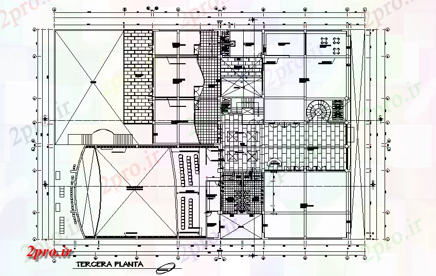 دانلود نقشه ساختمان اداری - تجاری - صنعتی طبقه تراس طرحی کاری تجاری جزئیات 37 در 53 متر (کد71038)