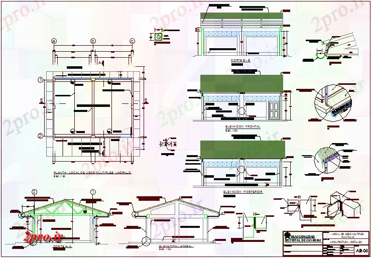 دانلود نقشه جزئیات معماری محلی فاده های متعدد معماری طرح، نما و بخش    (کد71078)