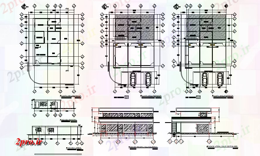 دانلود نقشه ساختمان اداری - تجاری - صنعتی طرحی و نما خط مرکزی طرحی جزئیات 12 در 17 متر (کد71124)