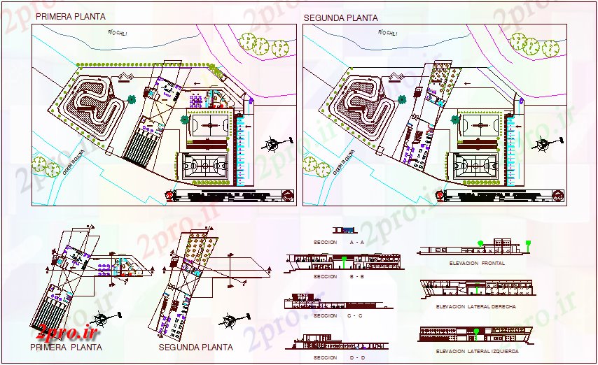 دانلود نقشه ورزشگاه ، سالن ورزش ، باشگاه ورزشی طرحی طبقه مرکز با جزئیات، نما و بخش 70 در 72 متر (کد71134)