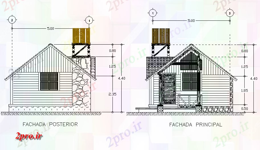 دانلود نقشه مسکونی ، ویلایی ، آپارتمان نما جلو و نما عقب جزئیات 5 در 6 متر (کد71193)