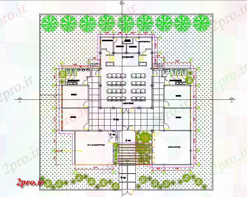 دانلود نقشه ساختمان اداری - تجاری - صنعتی محوطه سازی طرحی تجاری جزئیات 24 در 24 متر (کد71245)