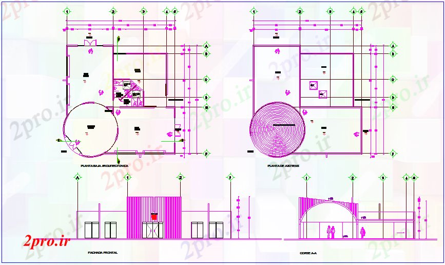 دانلود نقشه برنامه ریزی شهری طرحی طبقه معماری با طرحی سقف، نما و بخش نظر فاده از چند هدف سالن (کد71247)