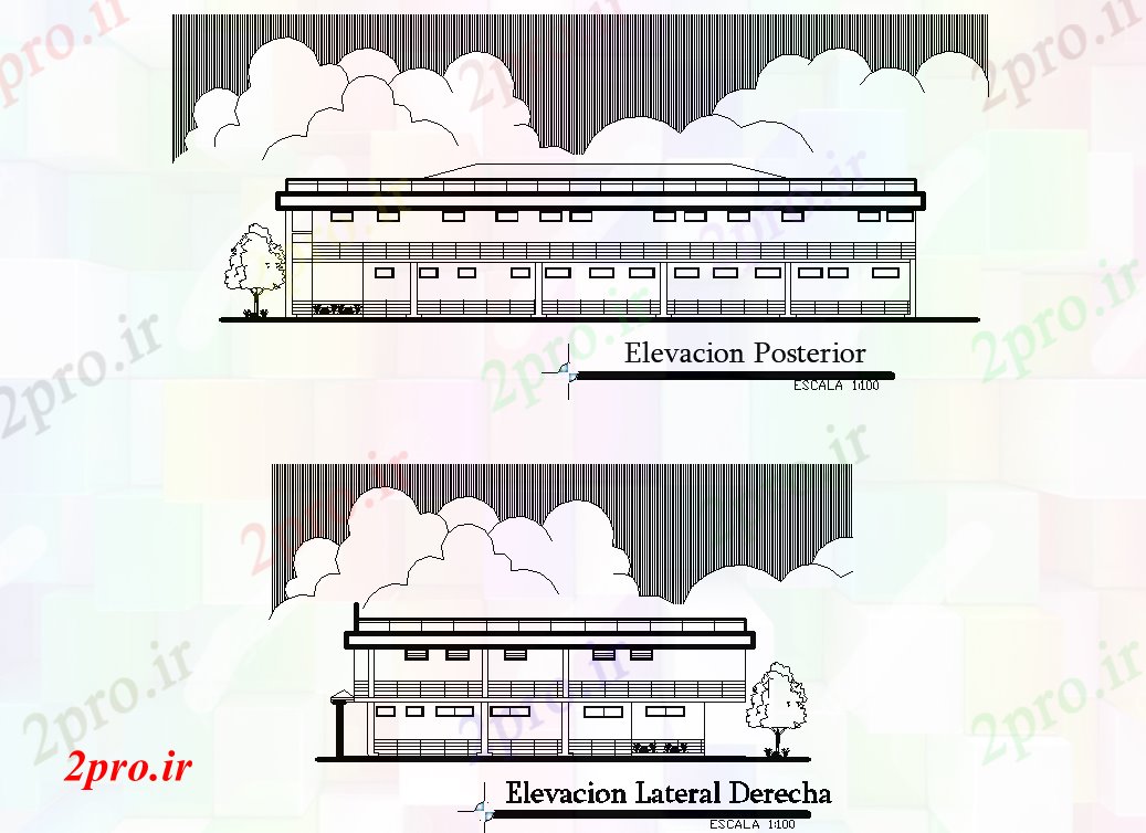 دانلود نقشه ساختمان اداری - تجاری - صنعتی نما و نما سمت ر جزئیات 25 در 40 متر (کد71361)