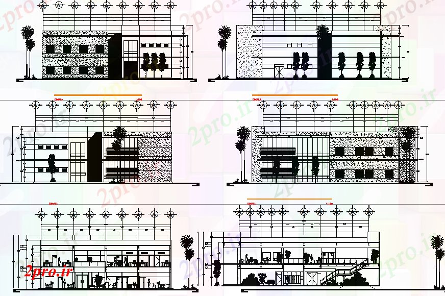 دانلود نقشه ساختمان اداری - تجاری - صنعتی نما و بخش طرحی کار جزئیات 35 در 37 متر (کد71367)