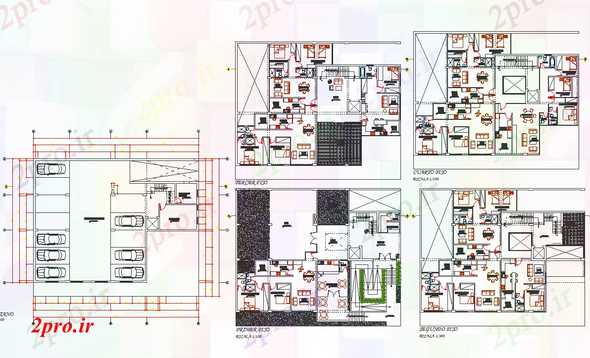 دانلود نقشه مسکونی  ، ویلایی ، آپارتمان  آپارتمان برنامه ریزی تخت جزئیات (کد71395)