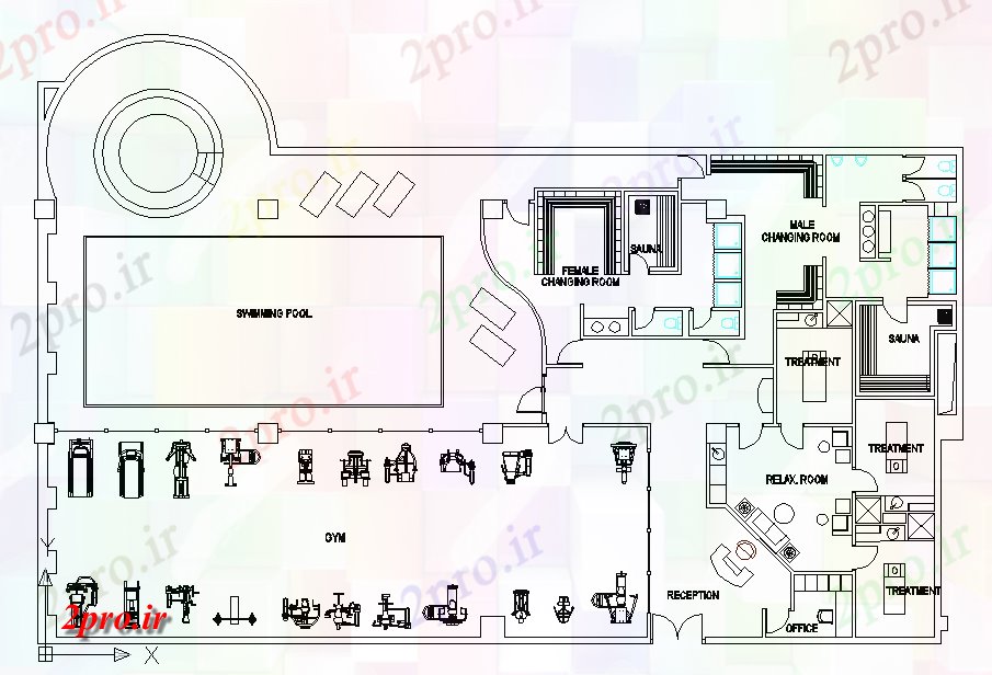 دانلود نقشه باشگاه بدنسازی طرحی بندی 20 در 32 متر (کد71485)