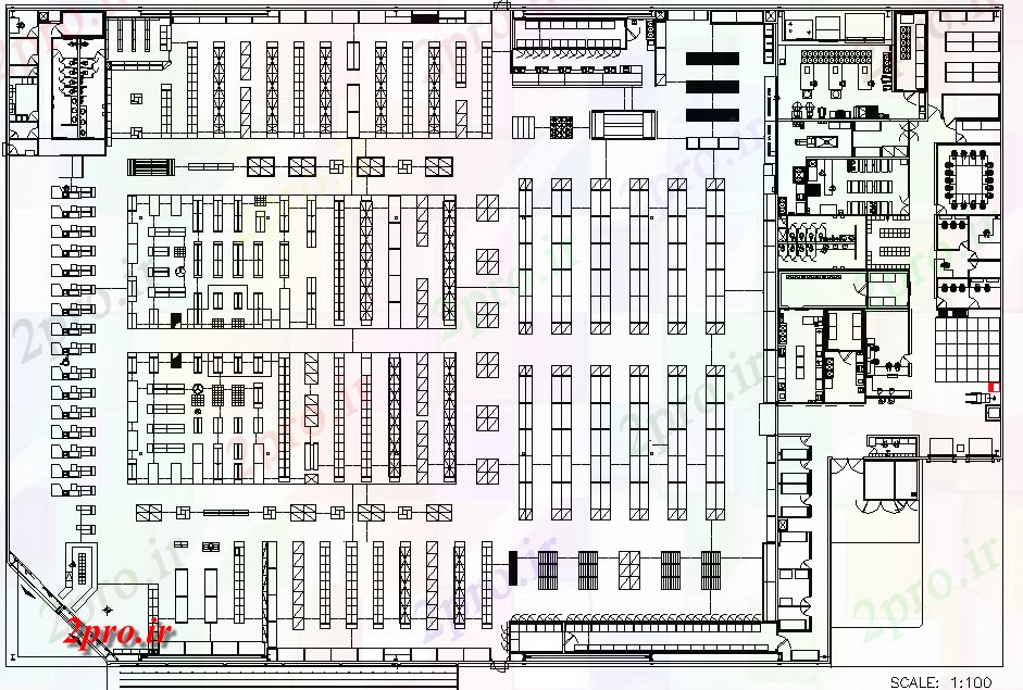 دانلود نقشه هایپر مارکت - مرکز خرید - فروشگاه سوپر بازار طرحی معماری 63 در 94 متر (کد71493)