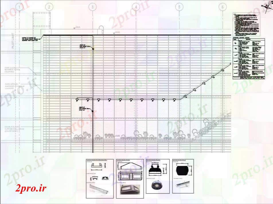 دانلود نقشه ساختمان اداری - تجاری - صنعتی جزئیات نما و جزئیات روشنایی بیرونی ساختمان شرکت های بزرگ (کد71504)