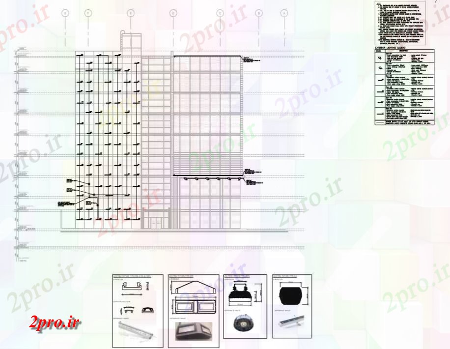 دانلود نقشه ساختمان اداری - تجاری - صنعتی نما جلو و بیرونی الگوی منجر روشنایی و جزئیات از ساختمان شرکت های بزرگ (کد71512)