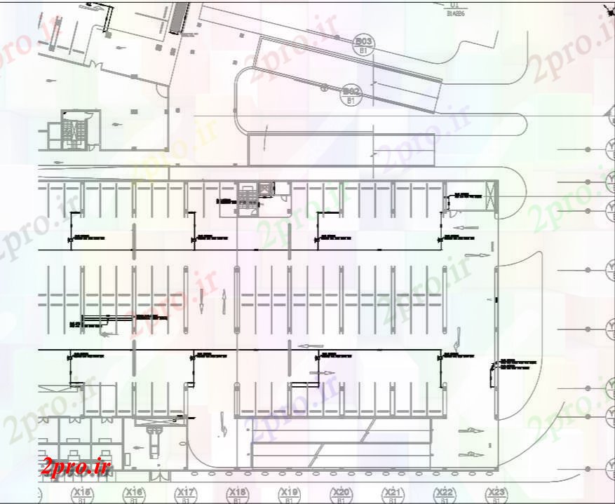 دانلود نقشه ساختمان اداری - تجاری - صنعتی طرحی پارکینگ با جزئیات از سطح شیب دار، جعبه زهکشی و سطوح (کد71573)