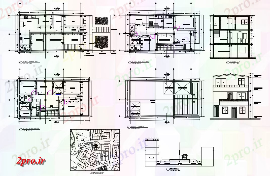 دانلود نقشه مسکونی ، ویلایی ، آپارتمان سه سطح خانه 6 در 12 متر (کد71605)
