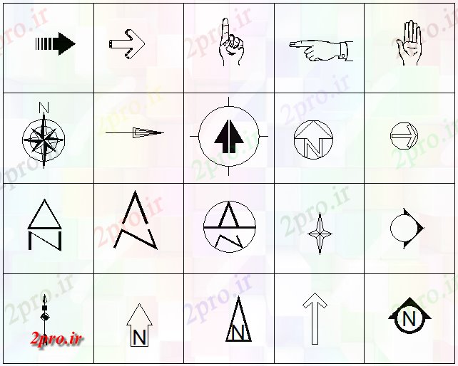 دانلود نقشه بلوک ، آرام ، نماد علامت شمالی و علامت پیکان جزئیات (کد71644)
