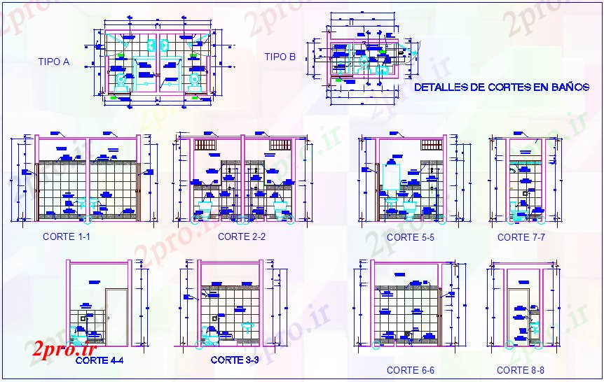 دانلود نقشه بلوک حمام و توالتانواع مختلف بخش حمام و  جزئیات برای درمانگاه (کد71657)
