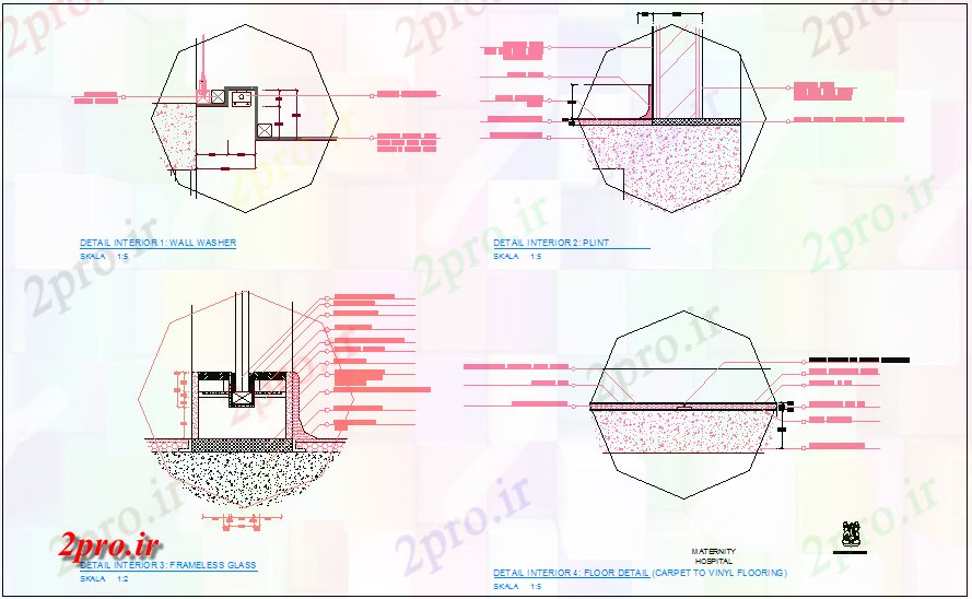 دانلود نقشه جزئیات داخلی جزئیات داخلی با واشر دیوار برای زایشگاه (کد71770)