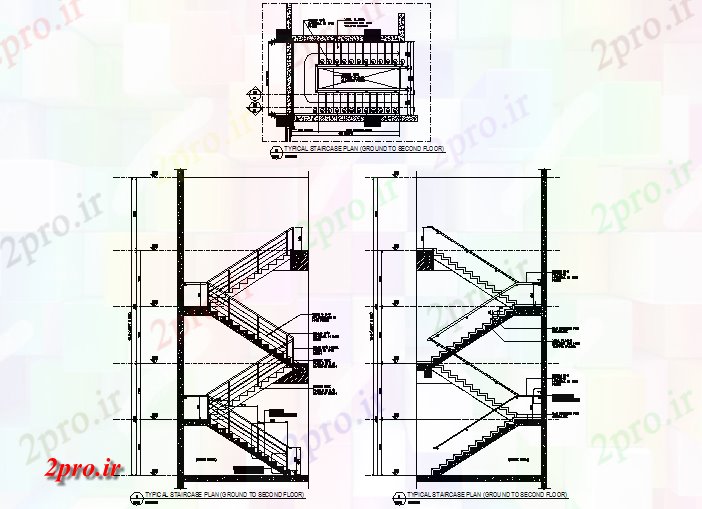 دانلود نقشه جزئیات ساخت و ساز زمین راه پله معمولی به طبقه دوم طرحی جزئیات (کد71826)