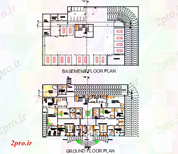 دانلود نقشه بیمارستان -  درمانگاه -  کلینیک طبقه زیرزمین و طبقه همکف طرحی بیمارستان جزئیات (کد71842)