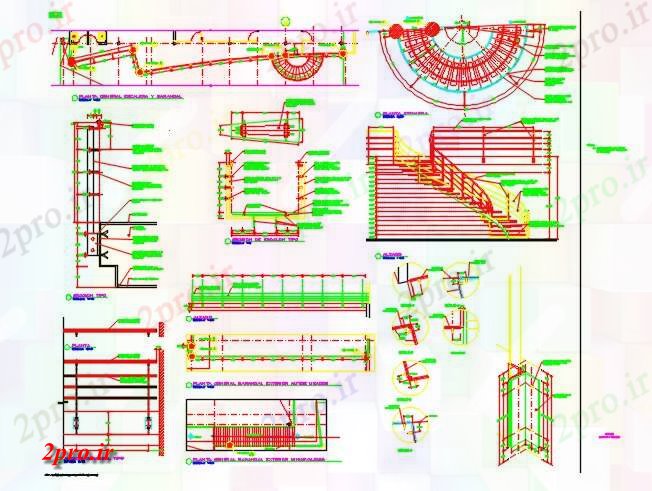 دانلود نقشه جزئیات ساخت و ساز بخش نیم دایره راه پله و نرده جزئیات نما، (کد71898)