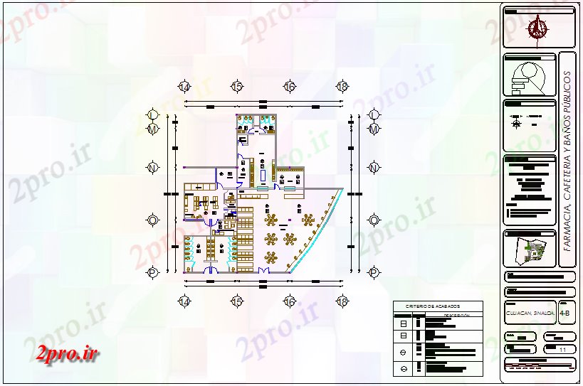 دانلود نقشه جزئیات معماری داروسازی، کافه تریا و دیدگاه حمام عمومی برای بیمارستان (کد71911)